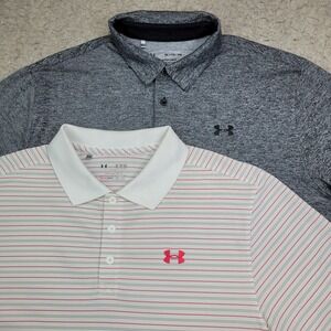 Lot of 2 Under Armour Golf Polo Shirts Mens XL Gray White Striped Short Sleeve
